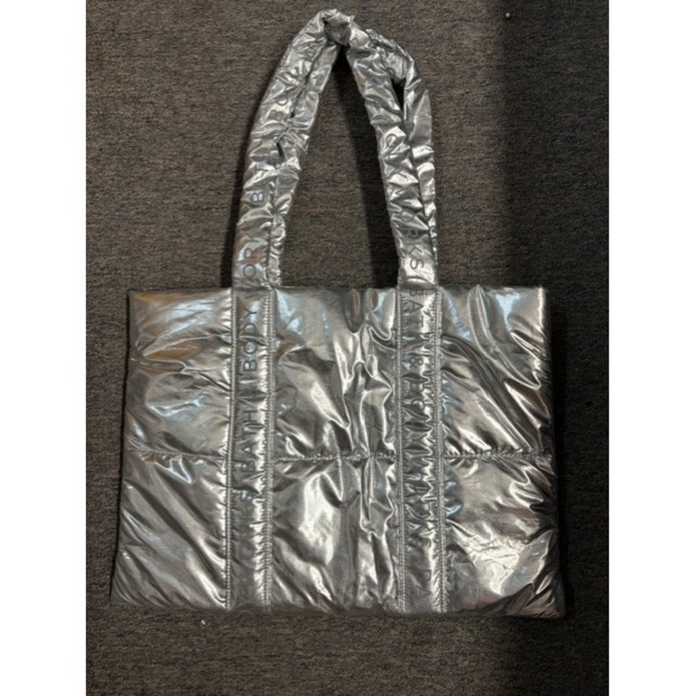 Bath & Body Works Metallic Silver Puffer Tote Bag Quilted Logo Strap Handbag